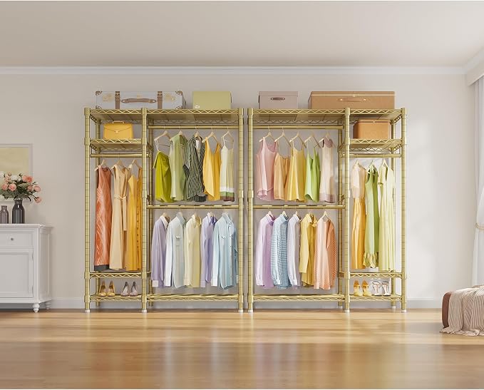 VIPEK V2 Heavy Duty Clothes Rack, Metal Closet Rack Organizer, Gold | Garment Racks with 4 Tiers Wire Shelving 3 Hanging Rods, Compact Freestanding Closet Metal Closet Rack, Max Load 700LBS