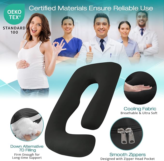 Cooling Pregnancy Pillows for Sleeping, 65'' Full Body Pillow, Black | Sasttie Maternity Pillow, OEKO-TEX, Down Alternative, Removable Cover, Pregnant Women Must Haves, Maternity Essential