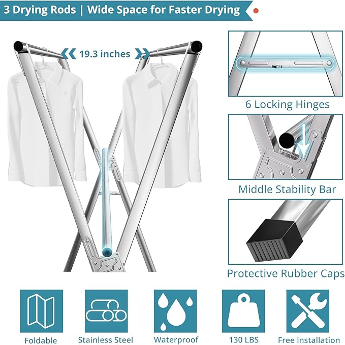 JAUREE 79" Clothes Drying Rack, Drying Rack Clothing Folding Indoor Outdoor | Heavy Duty Stainless Steel Laundry Rack, Foldable Portable Large Clothes Rack Garment Rack with 20 Windproof Hooks