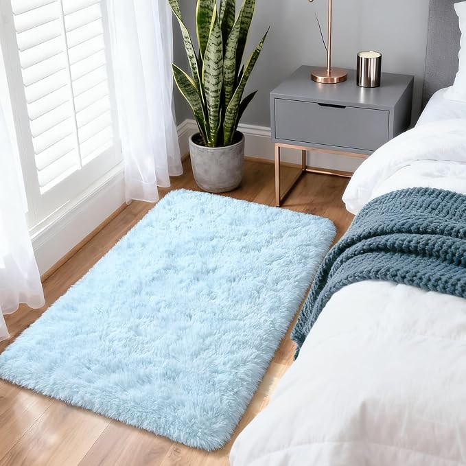 Soft Modern Indoor Shaggy Area Rug for Bedroom Livingroom Dorm Kids Room Home Decorative, Non-Slip Plush Fluffy Furry Fur Rugs Comfy Nursery Accent Floor Carpet 3x5 Feet, Baby Blue