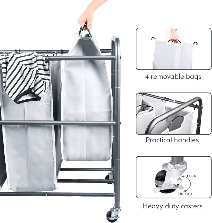 ROMOON Laundry Hamper Sorter Cart, 4-Section Organizer with Lockable Wheels | Heavy-Duty 180L Rolling Laundry Basket with Removable Bags for Dirty Clothes in Laundry Room or Small Spaces, Gray