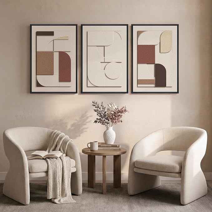 3D Textured Neutral Abstract Framed Wall Art Set of 3, 16x24 In | Wood Frames, Brown and Cream, 3 Piece Sandstone Texture Paintings, Modern Geometric Sculptural Wall Decor Living Room Bedroom