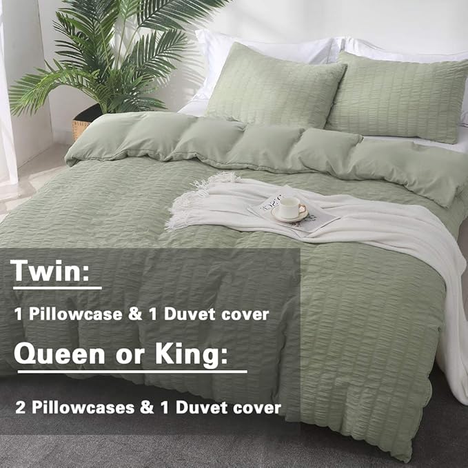 AveLom Green Duvet Cover Twin(68 x 90 inches), 2 Pieces (1 Duvet Cover, 1 Pillow Case),Seersucker Tripe Soft Washed Microfiber Textured Duvet Cover Set with Zipper Closure, Corner Ties