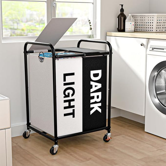 120L Laundry Sorter 2 Section, Rolling Laundry Basket with Wheels ＆ Lid | 31.7 Gal Laundry Hamper, 2 Separated Removable Bags, Dirty Clothes Hamper for Laundry Room, Bedroom, Multicolored