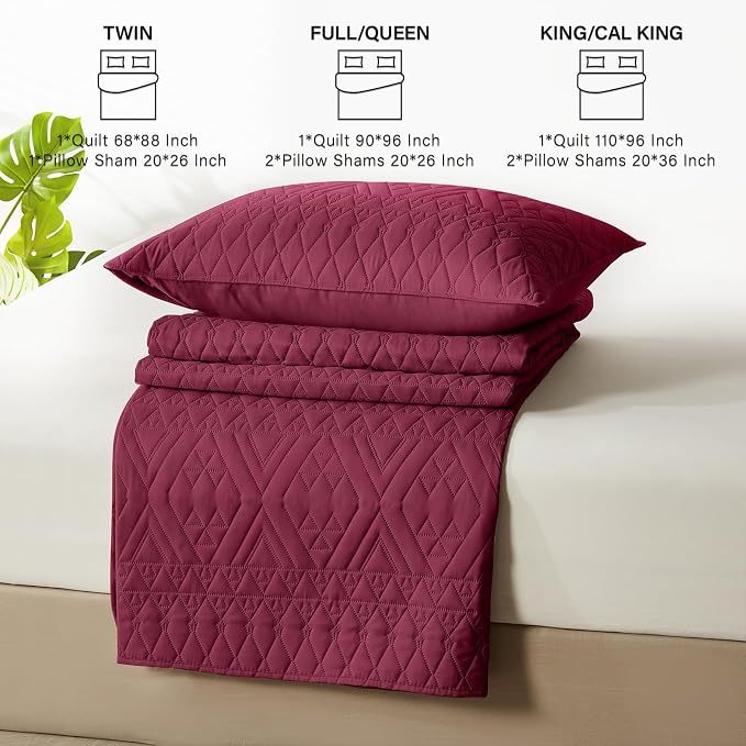 akkialla Twin Quilt Set, Burgundy Lightweight Microfiber Bedspread Coverlet, Boho Geometric Pattern, Soft All-Season Bedding, 2-Piece (1 Quilt, 1 Pillow Sham)