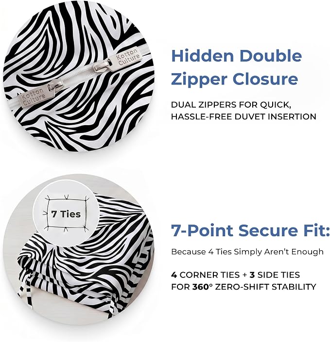 Kotton Culture 3 Pc Duvet Cover Set California King - Cotton - Soft Premium Durable Zebra Animal Print Comforter Cover - Zipper Closure & 7 Corner Ties- (Zebra, 104" X 98")