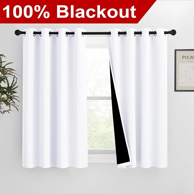 NICETOWN Pure White Blackout Curtains for Kitchen 46" w x 54" L 2 Panels | 100% Room Darkening Lined 2 Thick Layers Completely Light Blocking Window Treatment Panels Thermal Insulated Drapes Decor