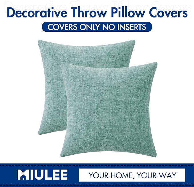 MIULEE Soft Chenille Throw Pillow Covers Aqua Green 18x18 Inch Pack of 2 | Modern Home Decor, Classic Decorative Pillows, Solid Dyed Cases, Boho Couch Cushion Covers for Sofa Bed Living Room
