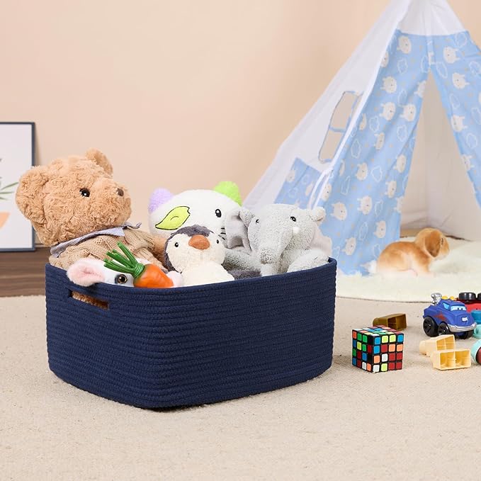 MiniArk Large Storage Baskets for Shelves, 17 x 13 x 7.5” Closet Organizers Bins for Clothes Blanket Towels, Baby Nursery, Toy Baskets Box, Woven Rope Baskets, 2 Packs Navy Blue