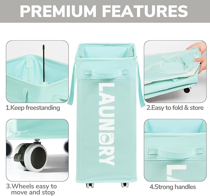 Goodpick 75L Rolling Laundry Basket with Removable Wash Bag for Living Room | Rolling Laundry Basket with Handles for Dirty Clothes, Fodable Hamper for Laundry Room, Dorm Room Essentials, Blue