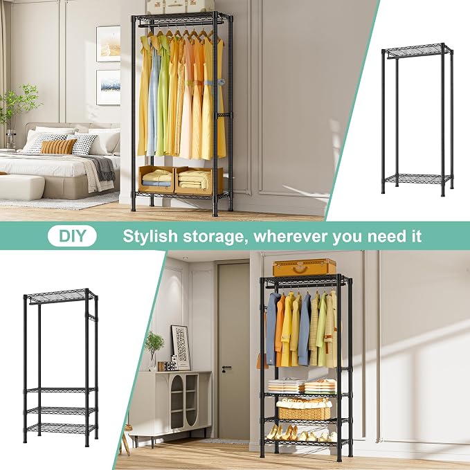 SEMHOR E06 Expandable Heavy Duty Clothes Rack for Reach-in Closet | Freestanding Clothing Racks with Shelves, Carbon Steel Closet Organizer System Adjustable 70.8-93.9", Max Load 800LBS, Black