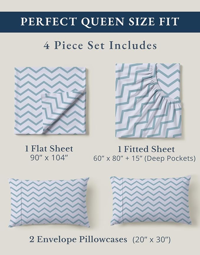 LANE LINEN Queen Sheet Set 100% Organic Cotton Cooling Soft 4pc - Chevron