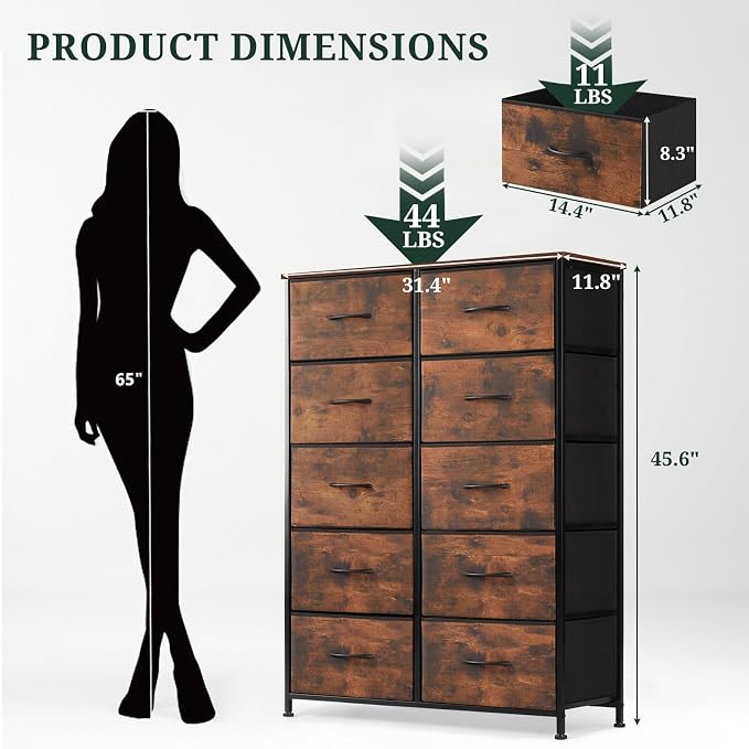 10-Drawer Dresser for Bedroom, Anti-Tip Tall Storage Organizer | Chest of Drawers with Wooden Top and Metal Frame Fabric Bins for Closet, Living Room, Hallway, Entryway, Brown