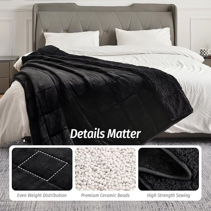 Sherpa Fleece Weighted Blanket for Adult 20 lbs Queen 60"x80" Black | Better Sleep, Relax Body & Mind, Dual Sided Soft Fuzzy Heavy Throw Blankets, Plush Flannel Top, Chunky Fluffy, Warm Hug