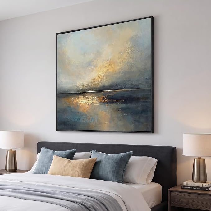 Extral Large Framed Abstract Landscape Wall Art for Living Room, 48x48 In | Oversized Canvas Prints, Neutral Minimalist Pictures, Blue Gray, Gold, Black Frame, Square Paintings, Dining Room Wall Decor