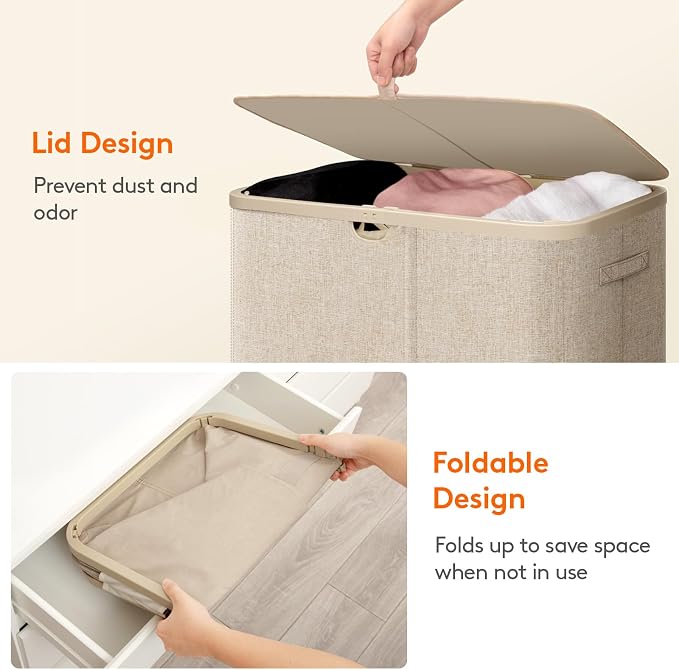 Lifewit 185L 3 Section Laundry Hamper with Lid, Laundry Basket, Beige | Large Foldable Laundry Sorter with 3 Removable Bags, Tall Clothes Hamper for Bedroom and Bathroom