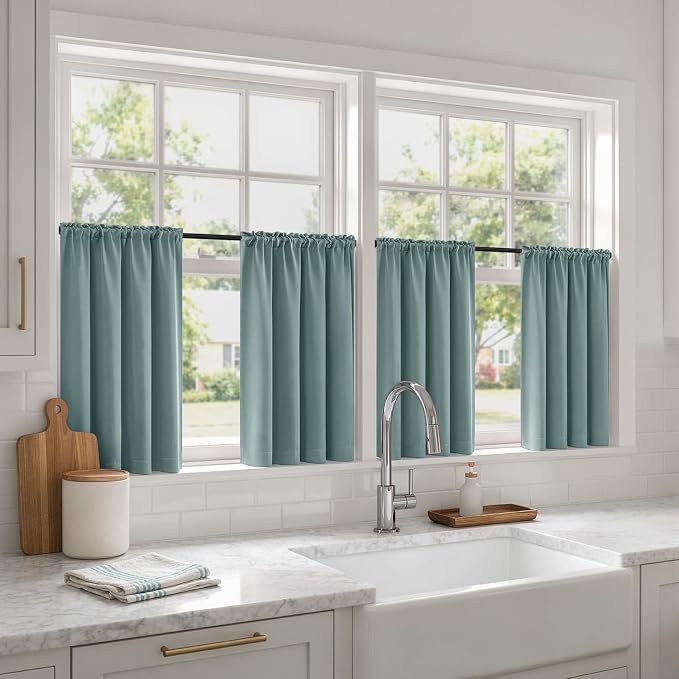 MIULEE 4-Panel 36 Inch Blackout Kitchen Tier Curtains Over Sink Dusty Blue | Privacy Protection, Heat/Light Blocking, Cafe Curtains, Top&Bottom Rod Pocket, Suitable for Small Windows, Soft&Durable