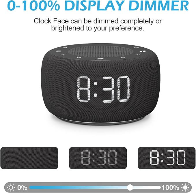 Buffbee Sound Machine & Alarm Clock 2-in-1, 0-100% Clock Face Brightness, Bottom Colored Light, Sleep Timer, Precise 30-Level Volume Control White Noise Machine