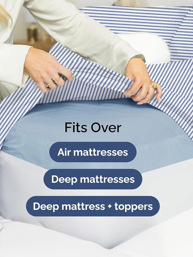 Extra Deep Full Fitted Sheet - Single Fitted Sheet Only - Blue Stripes | Easily Fits 18 inch to 24 inch Mattress, Soft, Wrinkle Free, Breathable & Comfy, Extra Deep Pockets Hotel Luxury Fitted Sheet