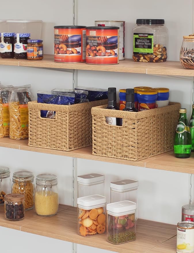 StorageWorks Wicker Storage Baskets for Shelves, Paper Rope Basket, 2-Pack | Rectangular Wicker Storage Baskets, Wicker Basket with Handles, Pantry Organizer and Storage, Woven Baskets,13"L x 8¼"W x 7"H