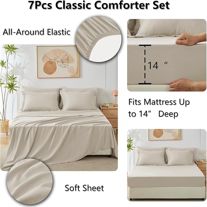 Queen Comforter Set with Sheets Oatmeal - 7 Pieces Bed in a Bag | OEKO-TEX Certified, All Season, 240GSM Down-Alternative Comforter, Sheets, Pillowcases & Shams, 14" Deep Pocket, Easy Care