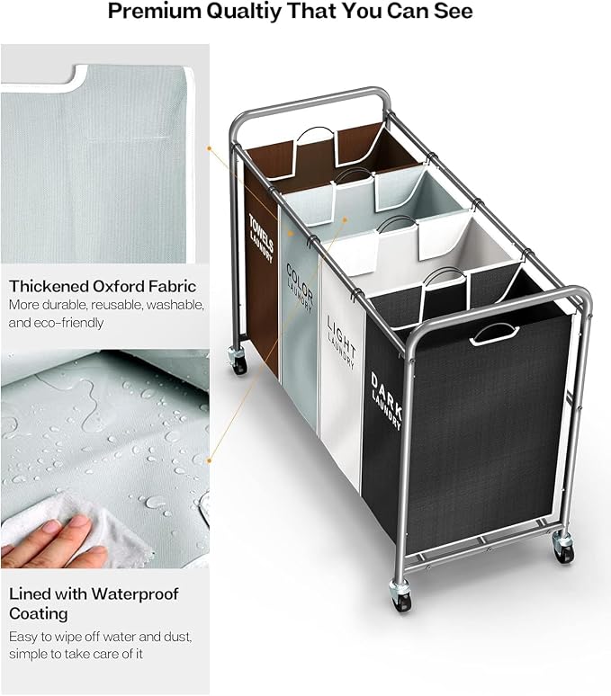 ROMOON Laundry Hamper Sorter Cart, 4-Section Organizer with Lockable Wheels | Heavy-Duty 180L Rolling Laundry Basket with Removable Bags for Dirty Clothes in Laundry Room or Small Spaces, Multicolor