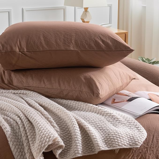 NEXHOME PRO Duvet Cover Set 100% Washed Cotton Full Size Linen Feel Textured Organic Natural 3 Pieces Bedding Set Mocha Brown with Zipper Closure and Corner Ties, Breathable (No Comforter)