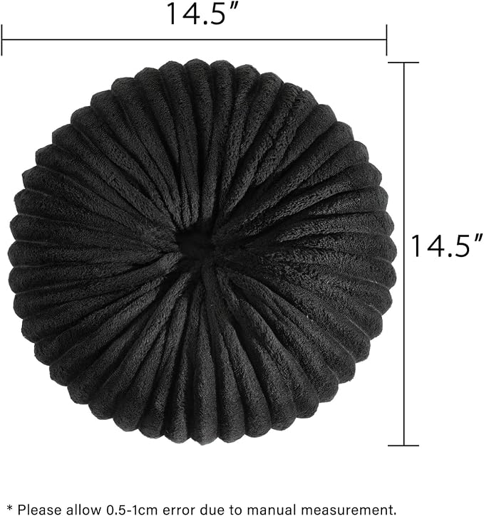 HIG Set of 2 Black Flannel Decorative Round Pleated Throw Pillows | Vintage Floor Pillows, Classy Accent Pumpkin with Center Button, for Sofa Couch Vanity Chair Bed, 14.5" Diameter