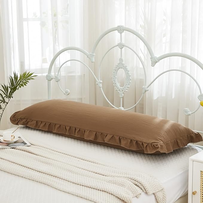 Brown Body Pillow Cover 20x54inches Long Pillowcase Ruffled Pillowcases Shabby Chic Ruffled Fringe Decor Body Ruffled Pillow Sham Cute Pillowcase (1 Body, Brown)