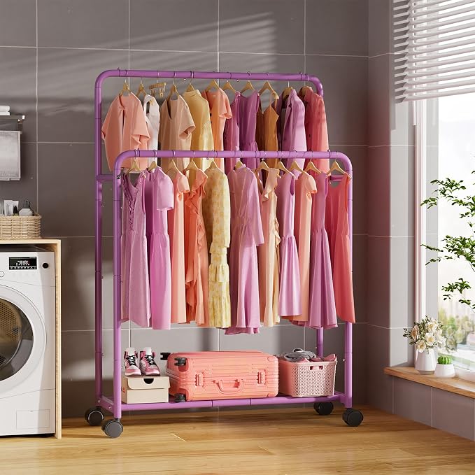 Simple Trending Clothing Clothes Rack, Double Rod Garment Rack, Purple | Portable Closet with Bottom Shelf, Anti-Slip Stoppers, 360° Lockable Wheels, Multiple Uses, Bedroom, Laundry Room