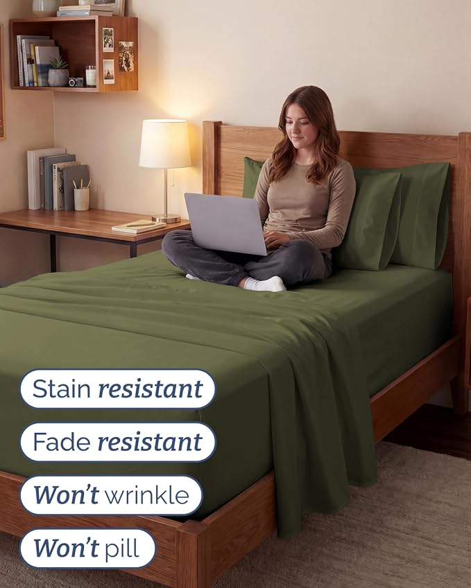 Extra Deep Twin XL Sheet Set - 4 Piece College Dorm Room - Sage Green | College Dorm Room Essentials, Easy & Secure Fit, Ultra-Soft, Wrinkle & Fade Free, Comfy Sheets Set with Extra Deep Pockets