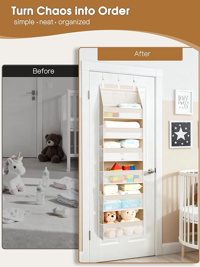 Over the Door Organizer, 6-Shelf Closet Hanging Storage with 13 Mesh Pockets, 55lbs Capacity Behind the Door Storage for Baby Nursery, Bathroom, Bedroom, and Dorm, Beige