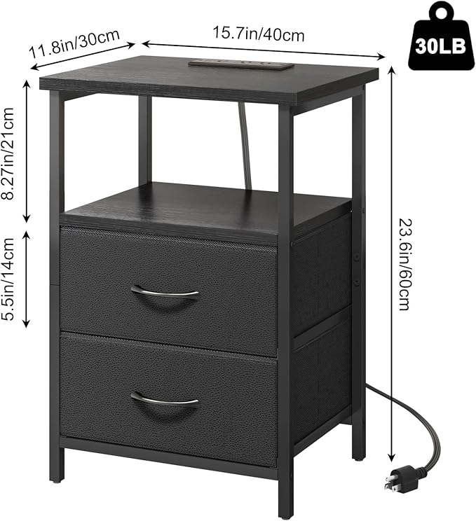 Fixwal Night Stand with Charging Station, 2 Fabric Drawers, Black | built-in bedside charger, 2 AC outlets & 2 usb ports, 2 wooden shelves, end table with storage, bedroom, living room
