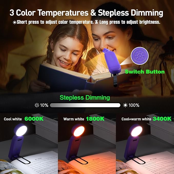 VAVOFO USB Rechargeable Book Light, Bookmark Clip on LED Reading Light | 3 Colors 9 Lighting modes clip on book light, Eye Care Glow for Bed Reading, Christmas Gift for Bookworms, Book Accesories