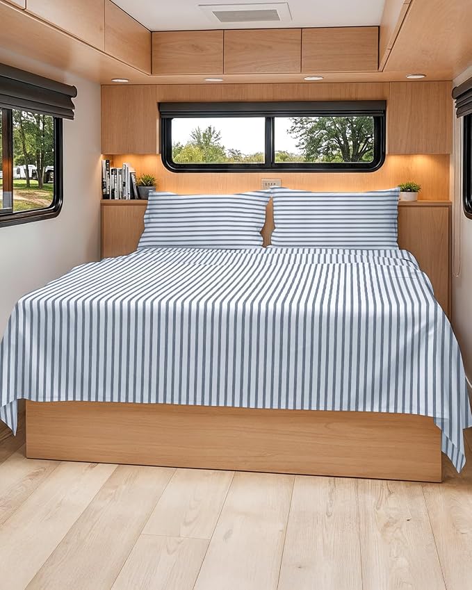 Short Queen Size 4 Piece Bed Sheet Set - RV Short Queen - Blue Stripes | Ultra-Soft, Breathable & Cooling Bed Sheets Set with Deep Pockets, Hotel Luxury Bedding for Women & Men, Wrinkle & Fade Free