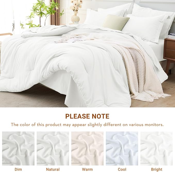 7 Pieces California King Comforter Set, Soft Bed in a Bag Cal King Size, All Season Bedding Set with Comforter, Flat Sheet, Fitted Sheet, Pillowcases & Shams, White