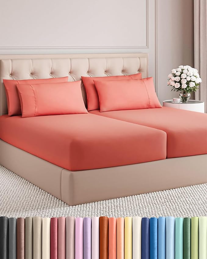 Split King 7 Piece Bed Sheet Set - Comfy, Breathable & Cooling - Coral | Ultra-Soft Hotel Luxury Bedding Set w/ 8-16 Inch Deep Pockets, 1 Flat & 2 Fitted Sheet & 4 Pillowcases, Wrinkle & Fade Free