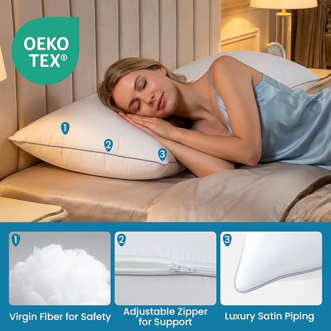 Pillows Queen Size Set of 2,Firm Adjustable Fluffy Bed Pillows for Sleeping | Down Alternative Fill Pillows, Zippered Plush Support, Hotel Quality, Oeko-TEX, Machine Washable,110GSM Grey Piping