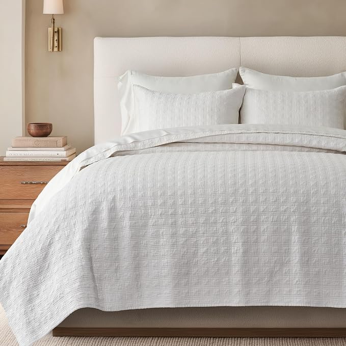 EVERGRACEHOME Cotton Sateen Windowpane Quilt Set Queen Size, Bright White | 100% Cotton, Pre-Washed Soft Coverlet Bedspread, 3-Piece Lightweight Bedding Set for All Season, with 2 Pillow Shams
