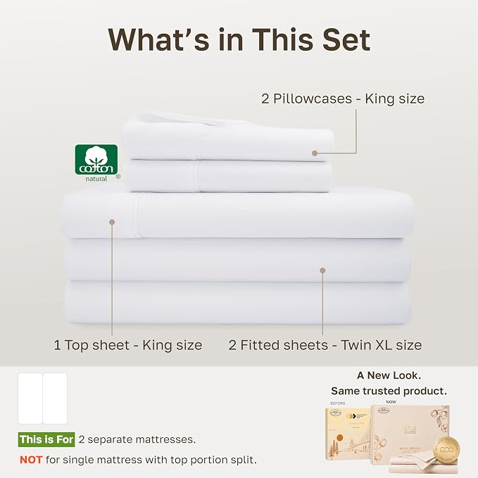 California Design Den 100% Cotton Sateen Split King Sheets, 5 Pcs, White | 400 Thread Count with Good Housekeeping Seal, Split King Sheets Sets for Adjustable Bed with 2 Separate Twin-XL Mattresses