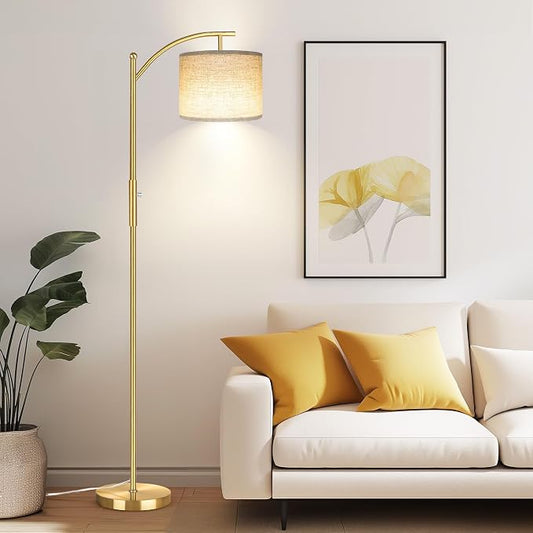 ROTTOGOON Dimmable Floor Lamp, Arc Floor Lamps for Living Room, Stepless Dimming Modern Standing Lamp with Linen Shade, Tall Lamp for Bedroom Office Dining Room- Brushed Gold