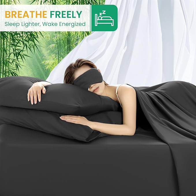 SONORO KATE 100% Viscose Derived from Bamboo_Sheets King Size,4PC | Cooling Bed Sheets for Hot Sleepers,Soft Breathable & Silky,16" Deep Pocket,Luxury Hotel Bedding,Black
