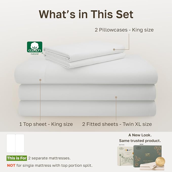 California Design Den 600 Thread Count Split King Bed Sheets Sets, 5 Pcs | 100% Cotton Sateen, Good Housekeeping Seal, Split King Sheets Sets for Adjustable Bed with 2 Separate Twin-XL Mattresses