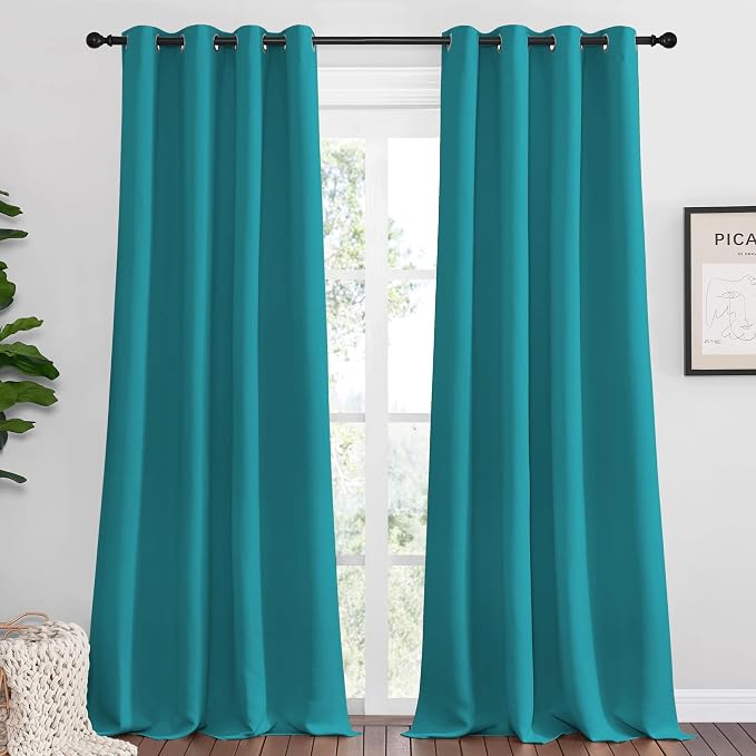 NICETOWN Room Darkening Curtains, 2 Panels, W55 x 90-inch, Peacock Teal | 90 inch Length, Thermal Insulated Grommet Blackout Curtains for Modern Casual Elegant Bedroom Kids Room Theme Decoration