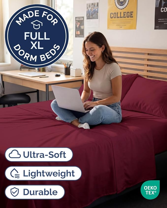 Full XL Sheets - 4 Piece Full XL Sheet Set - Cool & Breathable - Burgundy | Hotel Luxury Bedding for Women & Men with Deep Pockets, Ultra-Soft, Comfy, Easy-Fit, Wrinkle Free & Fade Resistant, Oeko-Tex