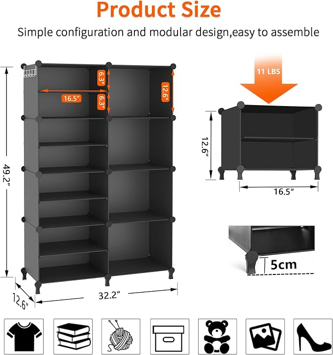 AWTATOS Closet Organizer 8 Cube Closet Storage Shelves, Black | Closet Organizers and Storage, DIY Stackable Cubby Shelving, Clothes Organizers for Closet Bedroom Living Room Office