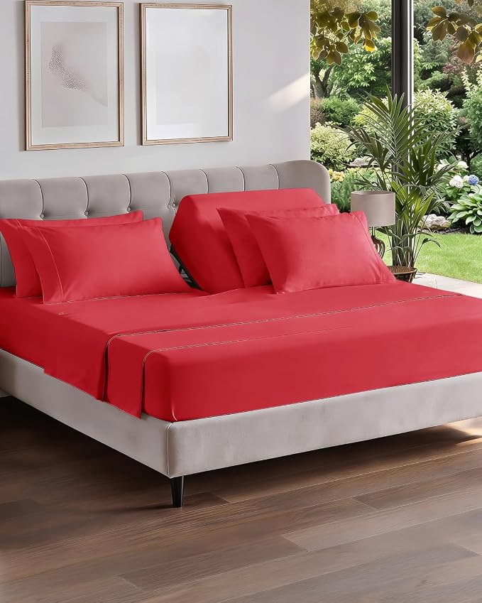 Flex Top Split Head King 6 Piece Sheet Set - Breathable & Cooling - Red | Ultra Soft Hotel Luxury Bedding Set w/ 8-16 Inch Deep Pockets, 1 Flat & 1 Split-Head Fitted Sheet & 4 Pillowcases, Fade Free