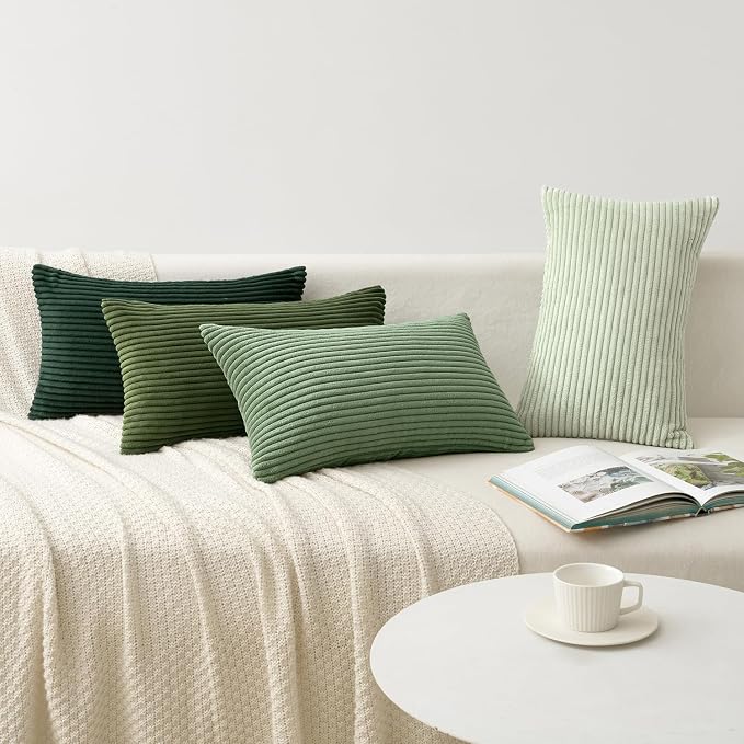 MIULEE Soft Corduroy Decorative Lumbar Pillow Covers Forest Green 12x20 | Set of 4, Mordern Nordic Home Decor, Green Gradient Matching, Boho Farmhouse Throw Pillows for Couch Bed Sofa Living Room