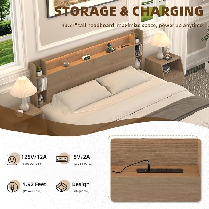 Queen Wall Mount Solid Wood Leg Headboard with Storage | Headboard Only,USB Charging ,Rgb Light,Modern backboard,Integrated fit,Sturdy and Stable Bed Board