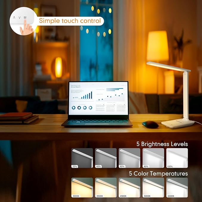 White crown LED Desk Lamp with 15W Wireless Charger & USB Port, Dimmable Table Lamp with 5 Lighting Modes, Sensitive Touch Control, Foldable & Portable Desk Light for Home, Office, Bedroom, Reading